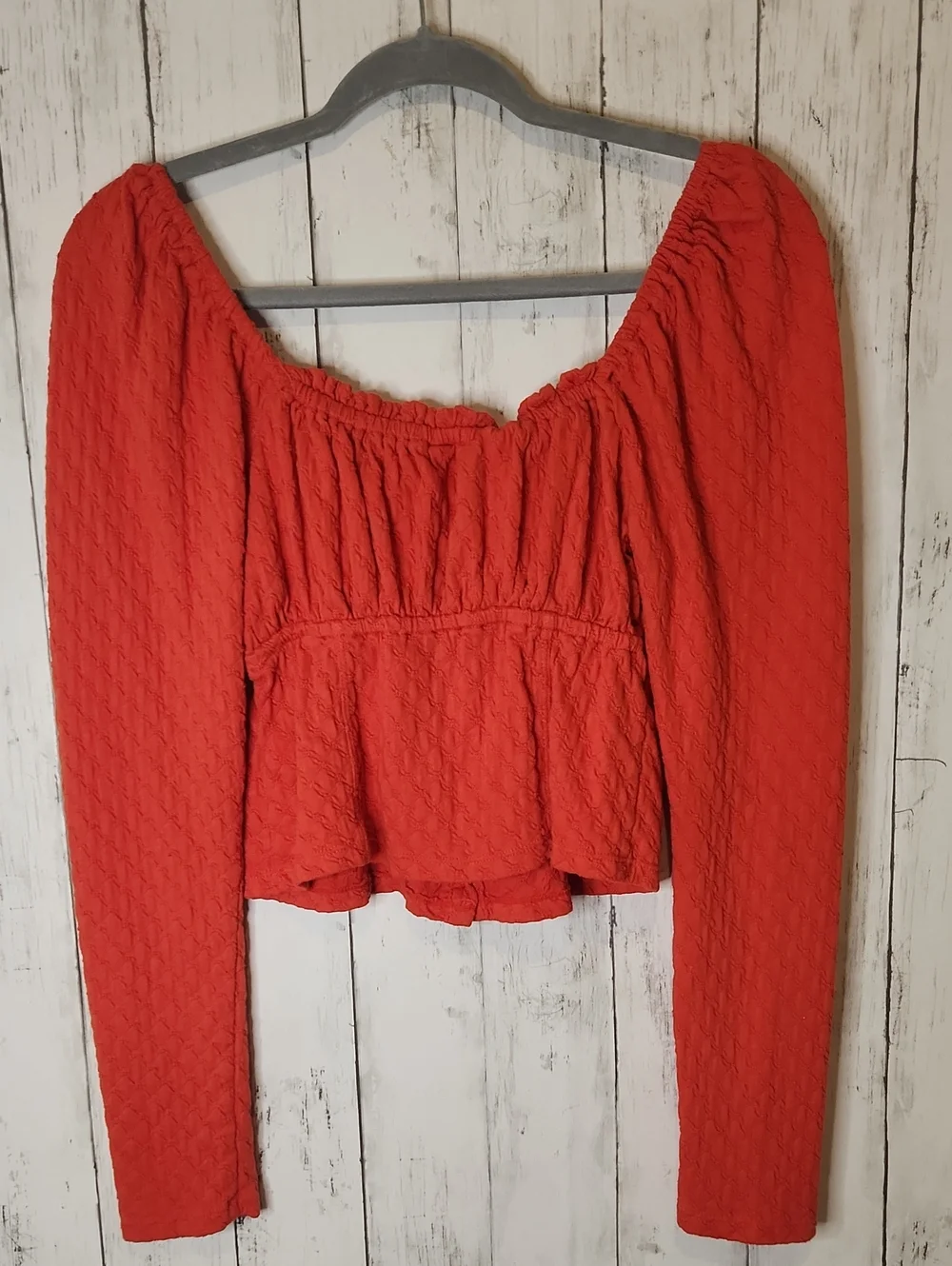 Free People Orange Textured Peasant Crop Top | Long Balloon Sleeves | Large